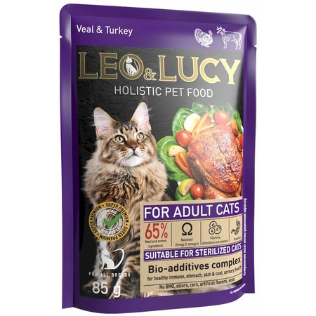 Leo&Lucy влажный полнорационный корм для стерилизованных кошек, с телятиной, индейкой и биодобавками, кусочки в соусе, в паучах - 85 г фото 9