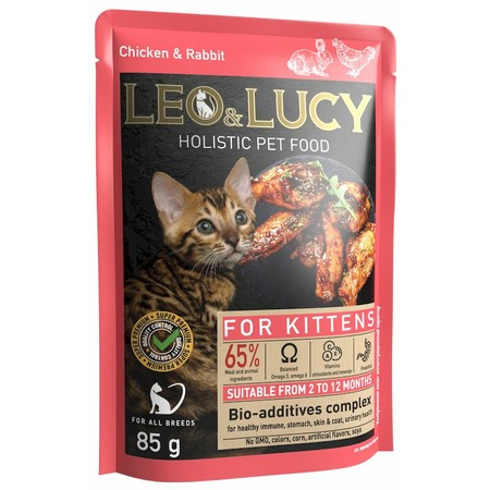 Leo&Lucy влажный полнорационный корм для стерилизованных котят, с кроликом, курицей и биодобавками, кусочки в соусе, в паучах - 85 г фото 9